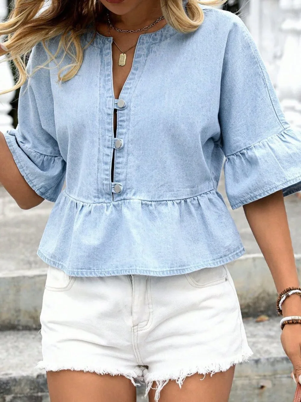 Casual Women's Front Button Light Wash Denim Shirt - Picture 5 of 6